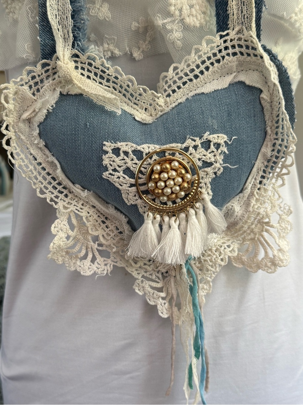 Handmade Upcycled Denim White Lace Tassel Heart Necklace OS